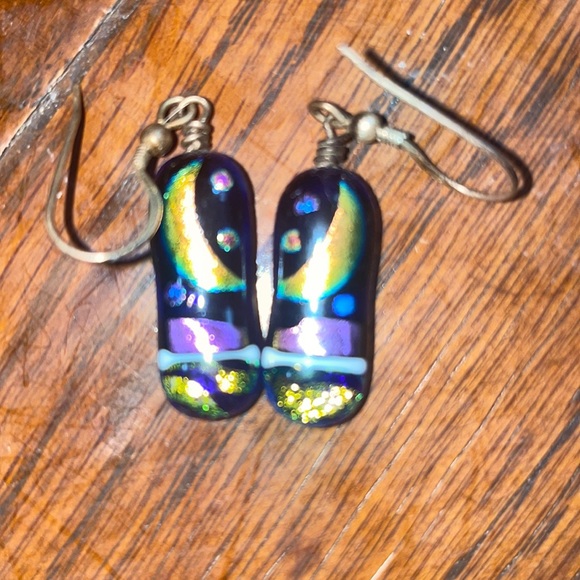 2/$50 FUSED GLASS DANGLING EARRINGS, Painted Moon, Multi Colored & Sparkly - Picture 2 of 3